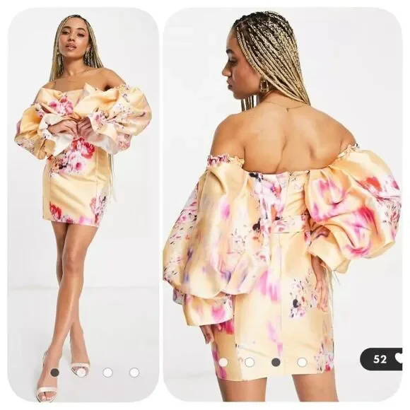 NWOT ASOS Orange Floral Puff Sleeve Dress Size US 2 - Picture 2 of 11